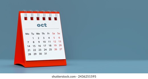 2024 October spiral monthly desk calendar. 3D rendered horizontal page on blue background with copy space. Set of 12 month layouts. Week starts with Monday. Weekends marked in red. - Powered by Shutterstock