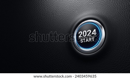 2024 start push button. Planning, start, career path, business strategy, opportunity and change concept.  2024 start modern car button with blue shine. 3d illustration