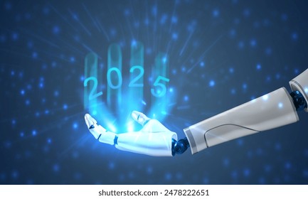 2025 2024 2026 time date happy new year beginning start futuristic ai artificial intelligence industry modern innovation science machine body hand robot digitally concept production control idea event - Powered by Shutterstock