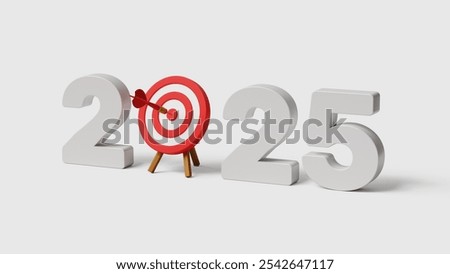 2025 action plan, challenge, strategy, vision and goals. Business planning and strategy for achieving goals. 2025 with bullseye dart hitting the target. 3D illustration