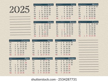 2025 calendar layout featuring months and days in organized grid format for planning - Powered by Shutterstock