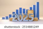 2025 Economic Outlook with Gold Coin Stacks 3D Illustration, Future Investment Growth Concept, Financial Prosperity in Upcoming Year, Wealth Accumulation Visualization