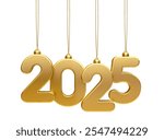 2025 Hanging Gold Numbers in 3D Render with white background. 3d illustration