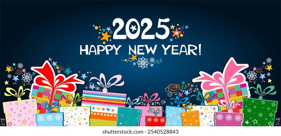 2025 Happy New Year! Greeting card. Celebration dark background with gift box, star and place for your text. Art design celebrate party invitation template. Winter holidays.  Illustration - Powered by Shutterstock