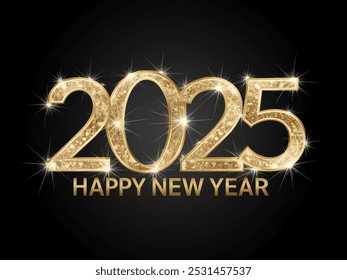 2025 Happy New Year text with sparkling stars on a black background - Powered by Shutterstock