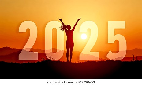 2025. Independent Woman Embracing Arrival of 2025, Sunset Silhouette Signifying Strength, New Beginnings Symbolized in Year Change, Dawn of New Era - Powered by Shutterstock