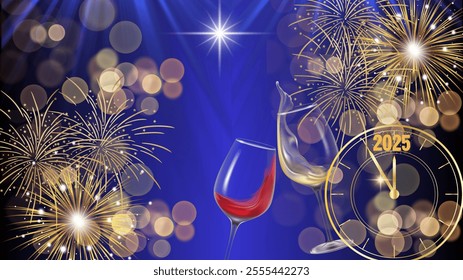 2025 New Year Celebration - Champagne And Clock For Countdown - Toast Cheering With Abstract blue black Background - Powered by Shutterstock