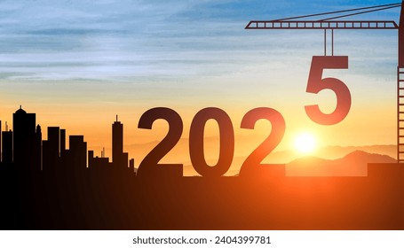 2025. New Year 2025. Construction crane sets numbers for New Year 2025. New Start motivation inspirational quote message on silhouette crane in sunset. Welcome Happy new year in 2025 - Powered by Shutterstock