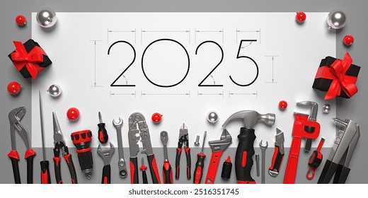 2025 New Year design template with construcrion tools set. 3d render illustration on engineering, construction, interior finishing, repair and maintenance theme. - Powered by Shutterstock