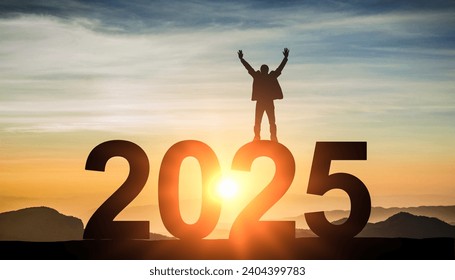 2025. New Year 2025, New Start motivation inspirational quote message. Man meets dawn for new year 2025. New Start motivation inspirational quote message on silhouette man - Powered by Shutterstock - Get 15% off with code: PIKWIZARD15
