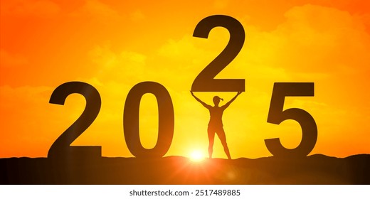 2025. Silhouette of Strong Woman in 2025, Sunset Backdrop Highlighting Independence, New Year Signifying Fresh Start, Anticipation of Future Opportunities, Embracing Change with Confidence - Powered by Shutterstock