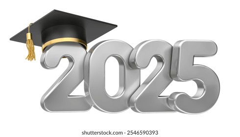 2025 Silver Numbers with Graduation Cap in 3D Render for Academic Achievement Celebrations with white background. 3d illustration - Powered by Shutterstock