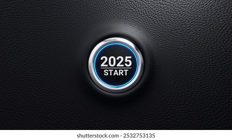 2025 start push button. Planning, start, vision, career path, business strategy, opportunity and change concept. 2025 start modern car button with blue shine. 3d illustration
