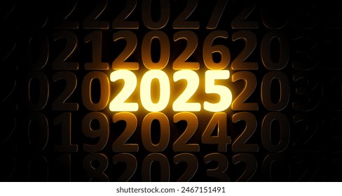 2025 Year number with bright golden neon light on black background. Start of New Year's concept - Powered by Shutterstock