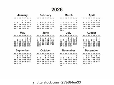 2026 Monday Start Horizontal Black and White Calendar Template, Simple layout of pocket or wall calenders. Yearly Stationery organizer in minimal design - Powered by Shutterstock