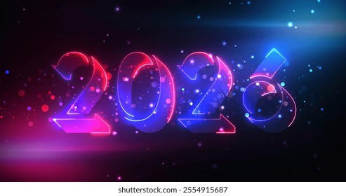 2026 Neon Animation futuristic Happy New Year clip. Achievement Cyber New Year. Christmas eve nightlife nightclub signboard animation bg. Festive elegant awe. Dust particles sparkling luxury retro bg. - Powered by Shutterstock