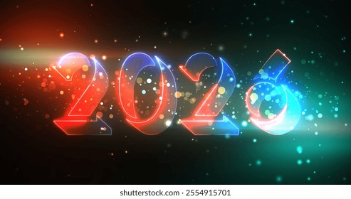 2026 Neon Animation futuristic Happy New Year clip. Achievement Cyber New Year. Christmas eve nightlife nightclub signboard animation bg. Festive elegant awe. Dust particles sparkling luxury retro bg. - Powered by Shutterstock