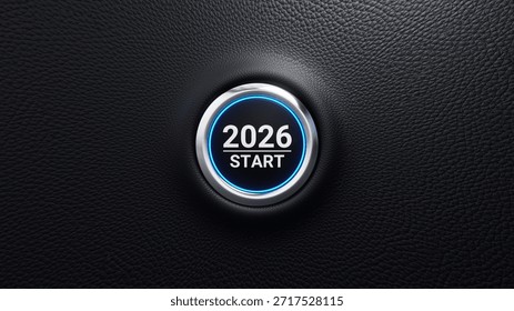 2026 Start Push Button. Planning, Roadmap, Goal, Target, Startup, Vision, Career Path, Business Strategy, Opportunity and Change concept. 2026 Start Modern Car Button. 3D Illustration