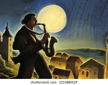 20th Century Spanish Man Playing The Saxophone Overlooking City At Night.