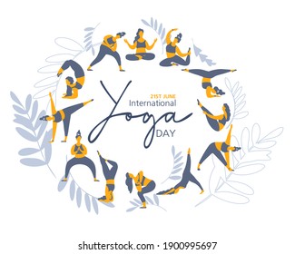 21 june- illustration of international yoga day. Banner.  illustration Yoga exercises. Women silhouettes set. Studio yoga - Powered by Shutterstock