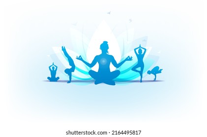 21 June International Yoga Day. Greeting Card Design. Group Of People Practicing Yoga.