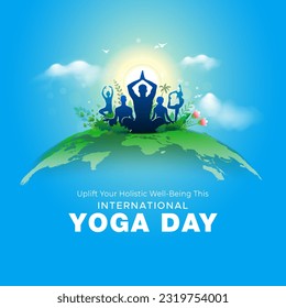 21 June, Yoga Day background. 3D illustration of International yoga day post card design. Group of people stretching body and doing yoga. - Powered by Shutterstock