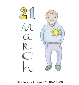 21 march - World Down Syndrome Day. Cartoon boy holding paper with written text of 21 march. Down Syndrome Awareness illustration. - Powered by Shutterstock