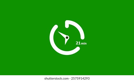 21 minute clock icon timer white color 4k illustration. Abstract deep lime green background 4k illustration.