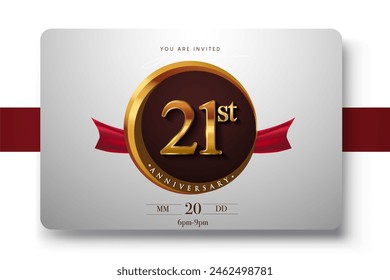 21st Anniversary Logo With Golden Ring And Red Ribbon Isolated on Elegant Background, Birthday Invitation Design And Greeting Card - Powered by Shutterstock