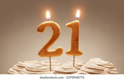 21st birthday or anniversary celebration. Lit golden number candles on cake with icing in neutral tones. 3D rendering - Powered by Shutterstock