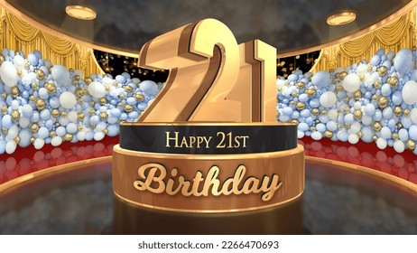 21st Birthday backdrop, poster, flyer 3d render illustration in gold with balloons and fireworks background - Powered by Shutterstock