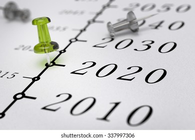 21st Century Timeline Over White Paper Background With Green Pushpin Pointing The Year 2020, Blur Effect, Conceptual Image.