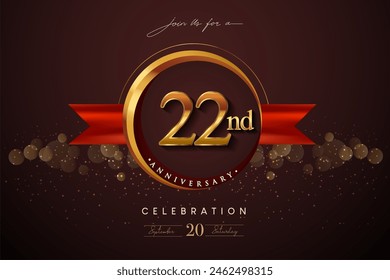 22nd Anniversary Logo With Golden Ring And Red Ribbon Isolated on Elegant Background, Birthday Invitation Design And Greeting Card. - Powered by Shutterstock