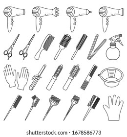 23 Line Art Black And White Hairdresser Tools. Beauty Salon Equipment. Hair Dresser Themed Illustration For Icon, Stamp, Label, Certificate, Brochure, Leaflet, Poster Or Banner Decoration