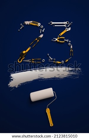 23 made of construction tools set. Creative template for the February 23 (Fatherland Defender Day) greeting card or banner. 3D render.