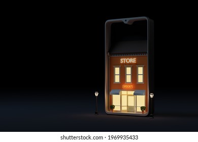 A 24 7 Store Inside A Mobile Phone At Night. Concept Of 24-hour Online Shopping. 3D Rendering.