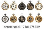 24 pocket watch clipart, timepiece element, detailed illustration, black and gold, isolated on white background