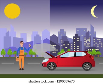 24/7 car service (repair) concept. Repairman in the city near a broken car. - Powered by Shutterstock