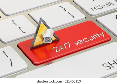 24/7 security concept on red keyboard button, 3D rendering