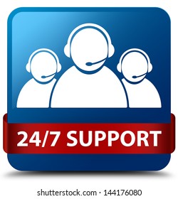 24/7 Support (Customer Care Team Icon) Glassy Red Ribbon Glossy Blue Square Button