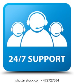 24/7 Support (customer Care Team Icon) Cyan Blue Square Button