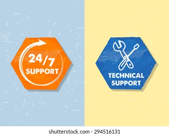24/7 support and technical support with tools sign, text in two colorful grunge flat design hexagons with symbols, business attendance concept labels