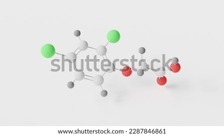 2,4-Dichlorophenoxyacetic acid molecule 3d, molecular structure, ball and stick model, structural chemical formula 2,4-D