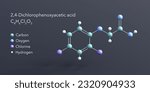2,4-dichlorophenoxyacetic acid molecule 3d rendering, flat molecular structure with chemical formula and atoms color coding