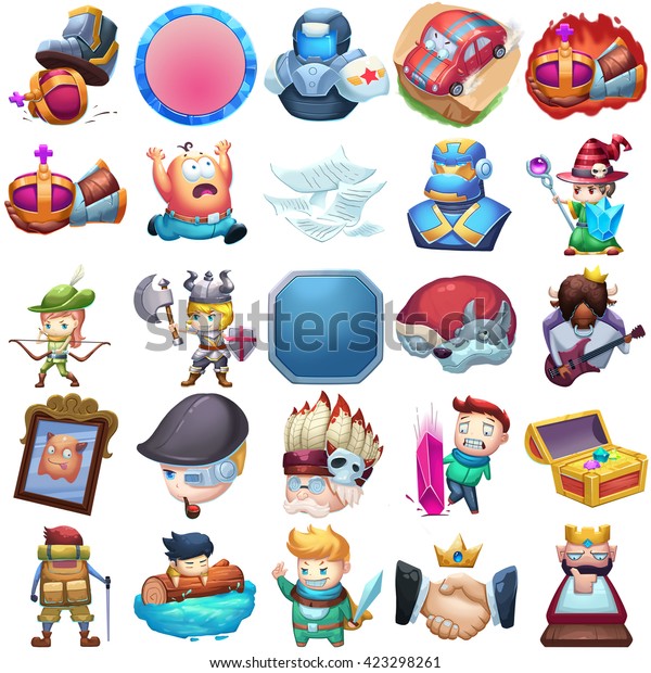 25 Achievements and Character Icons Set.\
Video Game Assets, Objects; Story Book, Card Illustration Pieces\
isolated on White\
Background\
