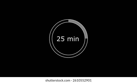 25 minutes, digital countdown timer white color 4k illustration. Black background 4k illustration.