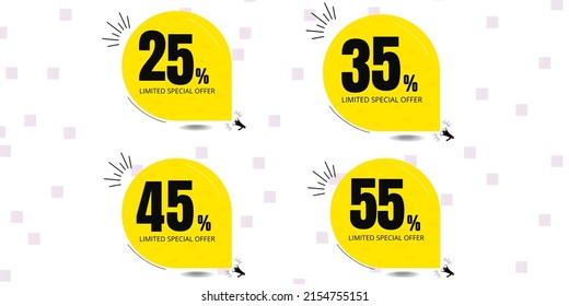 25% off, 35% off, 45% off, 55% off. Banner with twenty five, thirty five, forty five and fifty five percent discount on a white background with yellow ballons