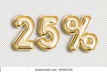25% off discount promotion sale made of realistic 3d Gold helium balloons with Clipping Path. Illustration of balloon percent discount collection for your unique selling poster, banner, discount, ads.