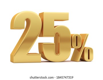 25% off on sale. Gold percent isolated on white background. 3d rendering. Illustration for advertising.