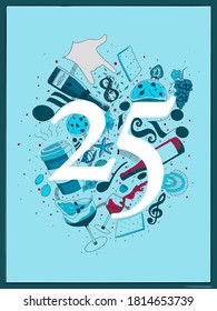 25th Birthday Card Design With Collection Of Favourite Things With Blue And Red Colours.